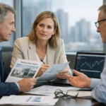 Professionals analyzing a medical clinic investment report with financial charts and data.