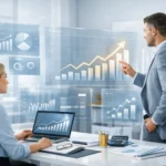 Off page SEO accounting performance growth with backlink metrics and lead analytics in a consulting office.