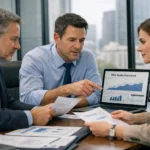 Web studio promotion growth meeting with analysts reviewing charts and reports.